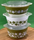 VTG PYREX CRAZY DAISY SPRING BLOSSOM SET: 471,472, 473+LIDS Very Nice
