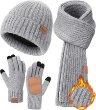 3Pcs Womens Winter Beanie Hat Scarf Touchscreen Gloves Set Knitted Warm Gift Gre