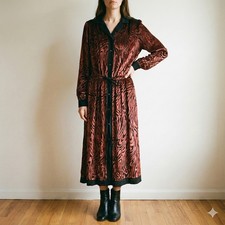 Vintage Janice Wainwright Dress Womens US 8 Velvet Burnout Midi Black Orange