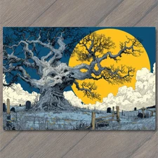 POSTCARD Dark Tree Against Yellow Moon Spooky Graveyard Atmosphere Halloween