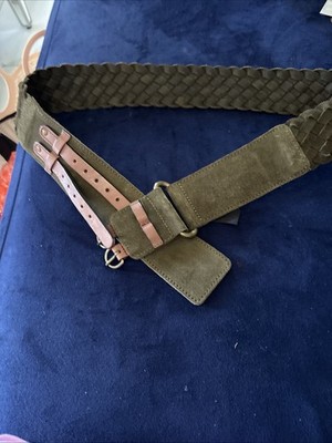 Massimo Dutti Olive Green Suede Braided Wide Waist Belt Leather Straps Sz 75 S