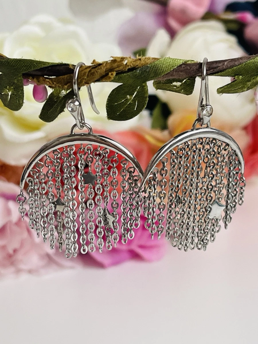 I05 Orecchini Mezzaluna Con Nappe Fiori Orientale Stile Argento