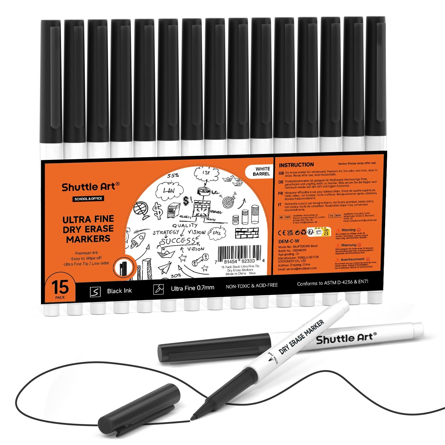 Shuttle Art Ultra Fine Dry Erase 1 Count (Pack of 15), 15 Bl