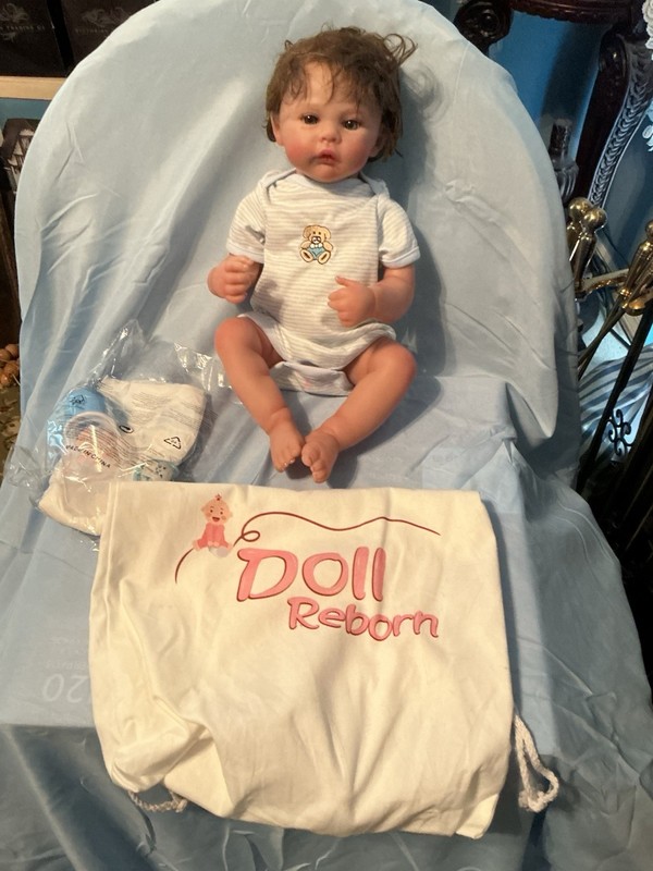 Reborn Baby Doll Light Complexion Brown Wavy Hair w/ Outfit, Babies Theme boy