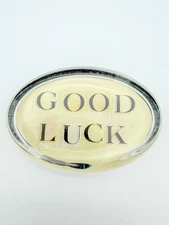 John Derian Company Decoupage Oval Paperweight Signed USA - "Good Luck" Script