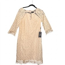 NWT Adrianna Papell Ecr Lace Split Neck Raglan Shift Dress Sz 2 Cream