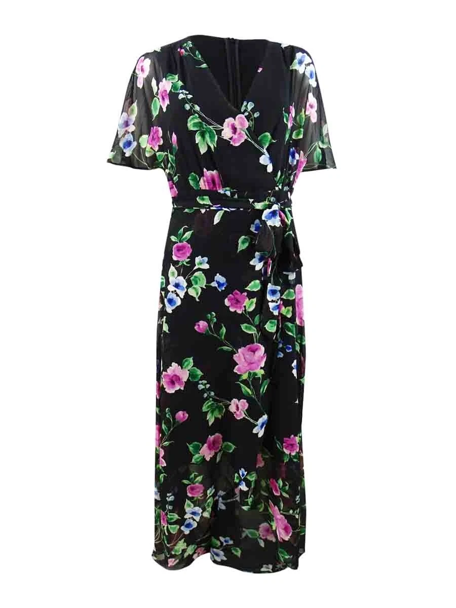 Jessica Howard Women s Floral Print Faux Wrap Maxi Dress 8 Black Multi