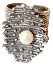 Vintage modernist silver sterling 925 ring set with genuine pearl, Size: 9-9.5,