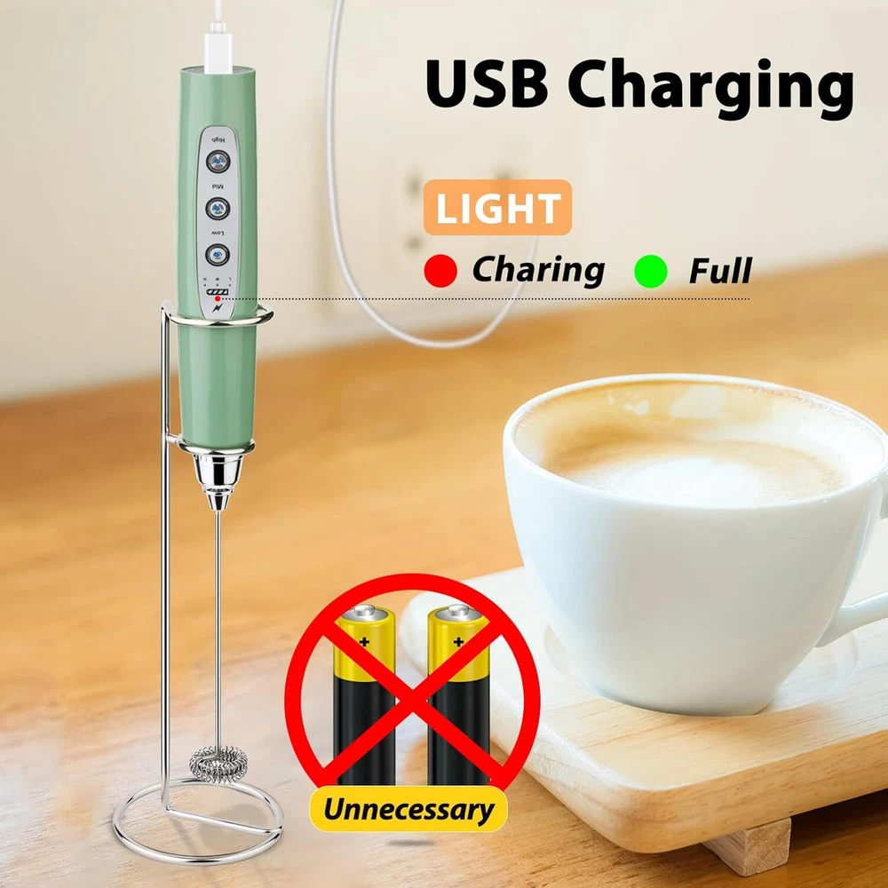 Milk Frother with Stand Rechargeable-Handheld Coffee Milky Green