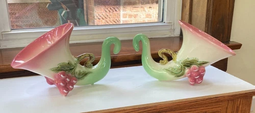 2 MCM Hull Pottery Tokay Cornucopia Vases - Tuscany Model w Grapes & Vine Detail