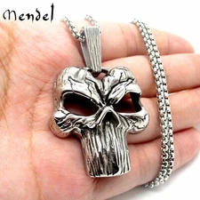 MENDEL Mens Punk Biker Superhero Punisher Skull Pendant Necklace Stainless Steel