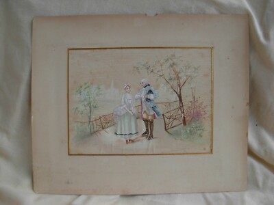 ANTIQUE FRENCH WATERCOLOR PAINTING ON SILK,ROMANTIC SCENE,19th