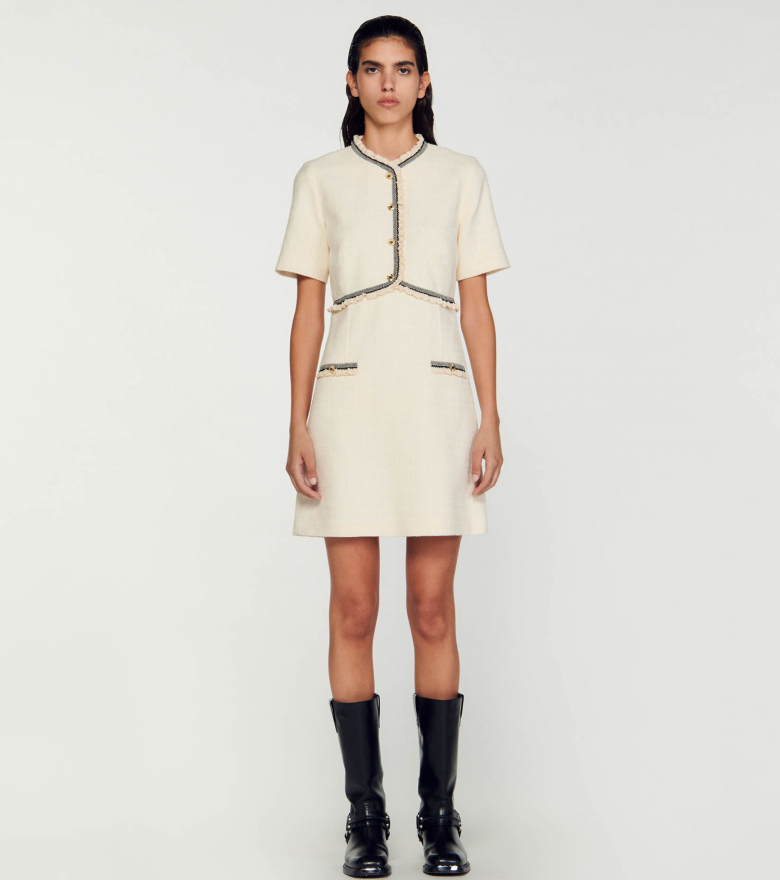 New Sandro Tweed A-line Dress Single Breasted Short Sleeve Mini Dress for Women