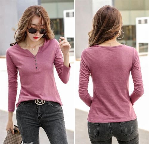 Womens Cotton Long Sleeve T Shirt Loose V Neck Slub Cotton Casual Blouse Tops US - Bild 12 von 49