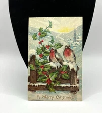 Vintage Merry Christmas Postcard Robins Holly Church Posted Divided Ben Franklin