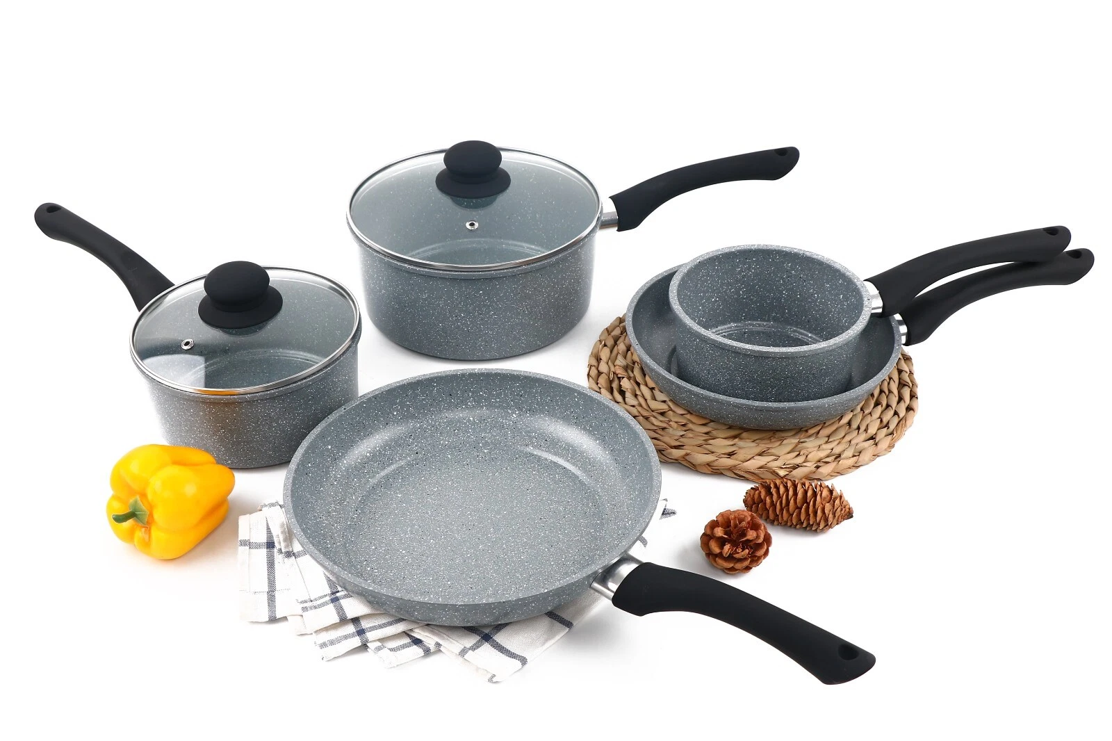 5 Piece Grey Forged Carbon Steel Cookware Set, Non-stick Frying Pans & Saucepans