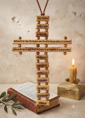 Bethlehem Olive Wood Our Father Cross   Hand Carved Christian Wall Art 9.1 
