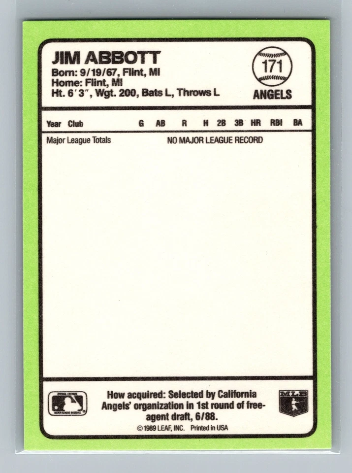 1989 Donruss Baseball's Best #171 Jim Abbott California Angels - Image 2 of 2