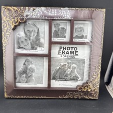 Decorative 5 Opening Photo Frame Collage Brown Gold Scroll Border New