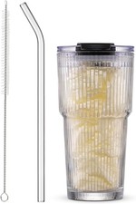 450ml/15oz Ribbed Glass Tumbler,Thickened Glass Cup with Leak-Proof Lid Straw
