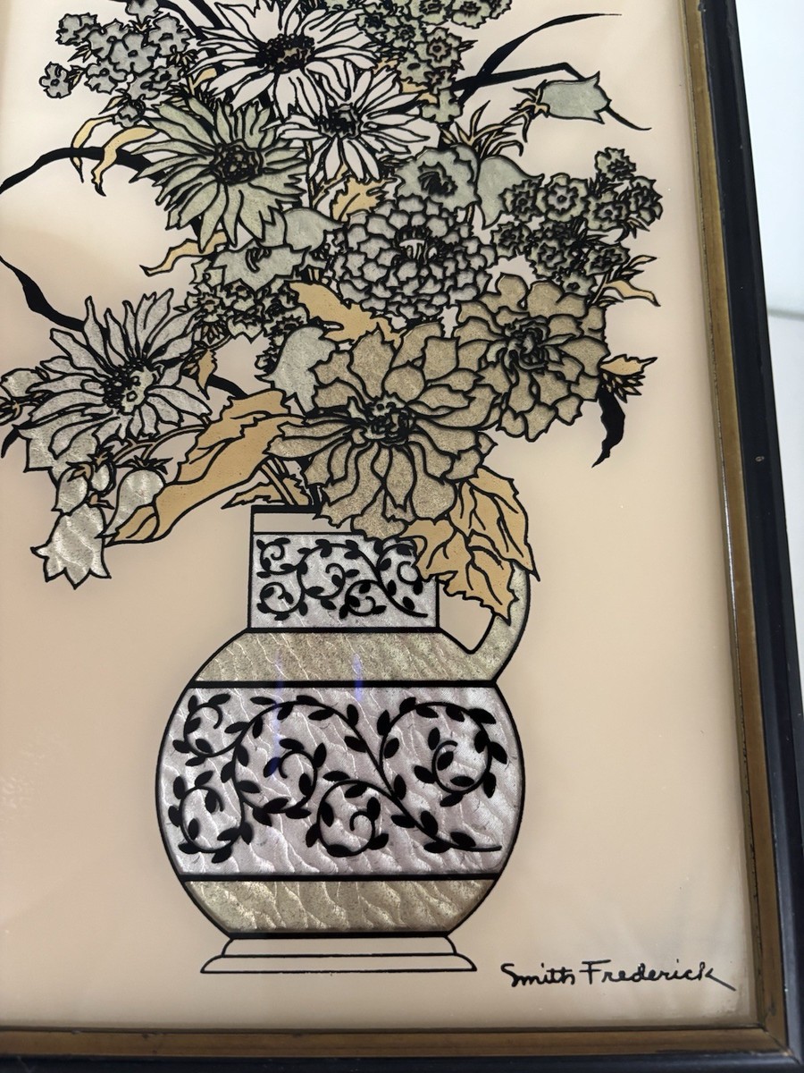 Pair Smith Frederick Reverse Painting on glass Art Phlox Asters
