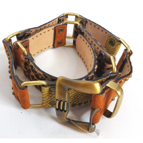Leatherock Brushed Gold Buckle Belt Suede Animal Print Studs Pony Hair Size 32