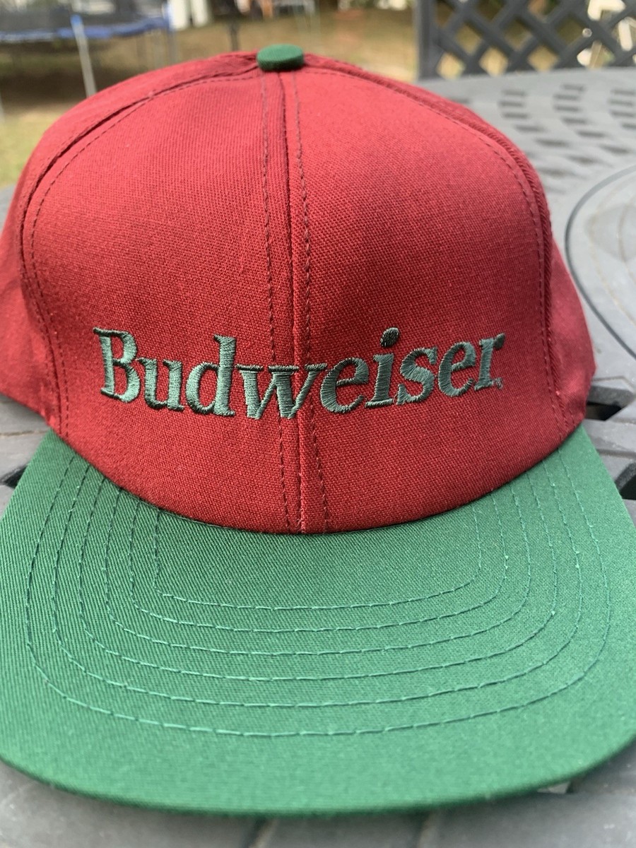 VINTAGE Budweiser Hat Cap Snapback Red Green Mens Advertising USA