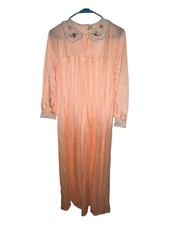Vtg Pink Peach Silky Long Night Gown Prairie Grandmacore Embroidered Lace Trim