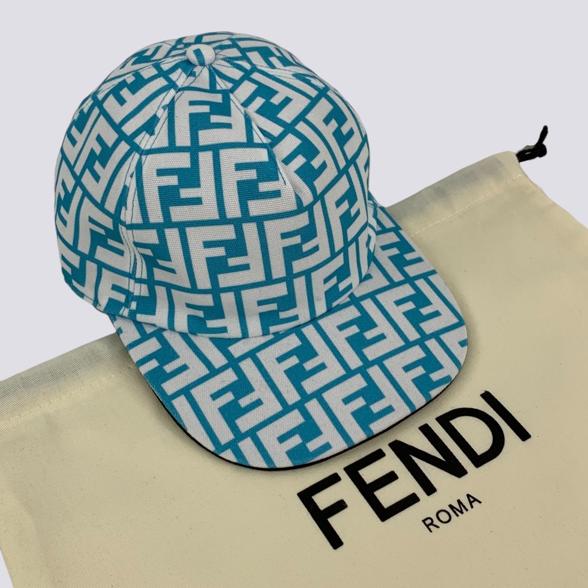 FENDI ロゴデザインキャップ Mサイズ Fendi FF Monogram Logo Print Canvas Baseball Cap Hat Turquoise