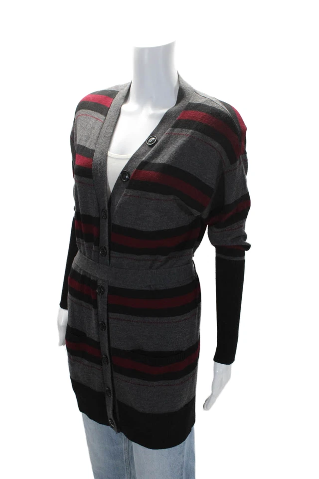 Nanette Lepore Womens Wool Gray Red Striped Padded Cardigan Sweater Top Size XS - Image 2 of 4