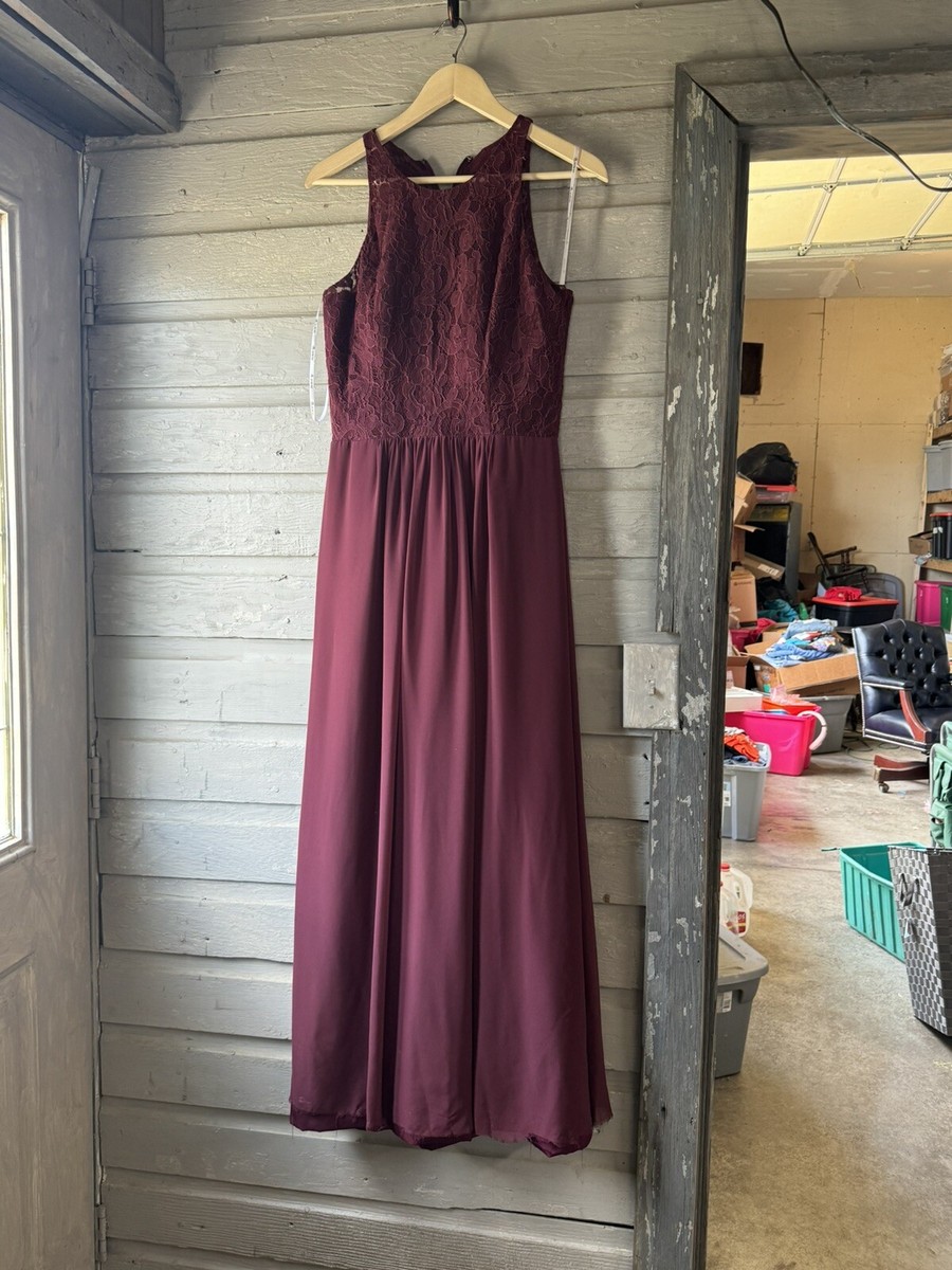 cranberry chiffon bridesmaid dresses B2 JASMINE LACE Aline Long Size 12 neckline_Illusion Embellished Plunge Halter Neck Size:XLarge (115cm) Care Instructions