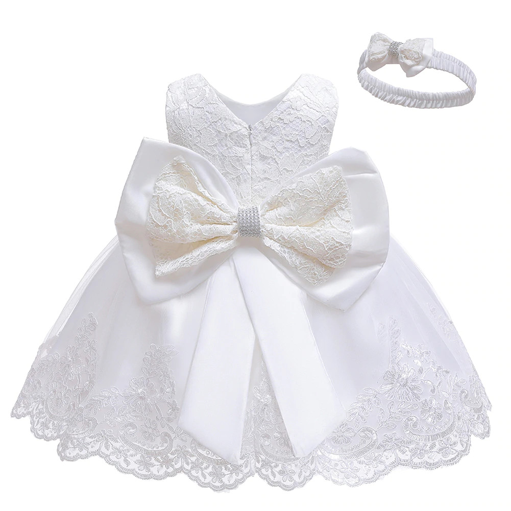 Vestido de Bautizo Blanco Rosie para Niña, Elegante, Tul y Lazo Ajustable