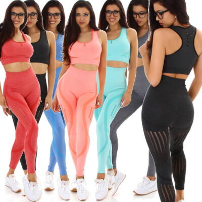 Damen Fitness-Set Sport-Set Zweiteiler Crop-Top High-Waist Leggings sexy 34 36