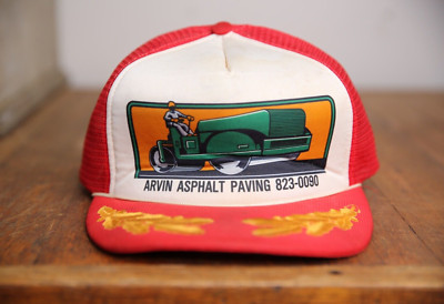Vintage Arvin Asphalt Paving Roller Mesh Trucker Hat gold leaf workwear snapback