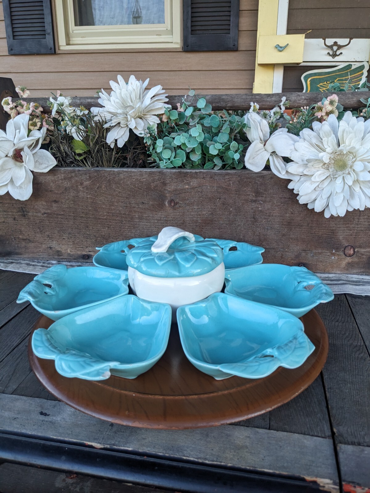 Vintage Hoenig of California Turquoise & White Ceramic Apples Lazy Susan Tray