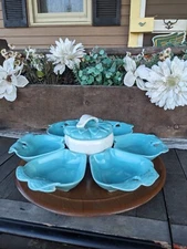 Vintage Hoenig of California Turquoise & White Ceramic Apples Lazy Susan Tray