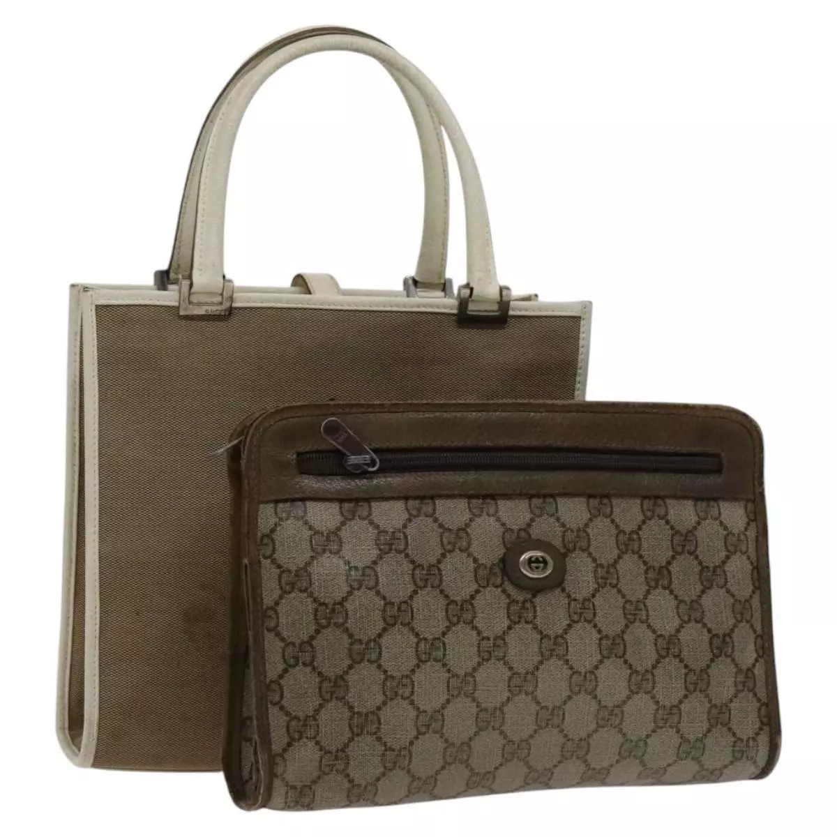 GUCCI GG Supreme Sac Toile PVC Lot de 2 Beige Auth bs21866