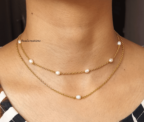 Duble Strand White Pearl Beads Chain Necklace 2mm Smooth Beads Jewelry Wife Gift - Picture 1 of 4