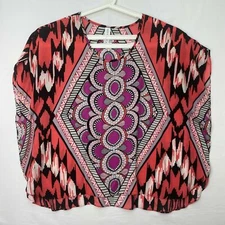 Pure Energy Womens 1X Poncho Style Top Blouse Coral Purple Black Short Sleeves