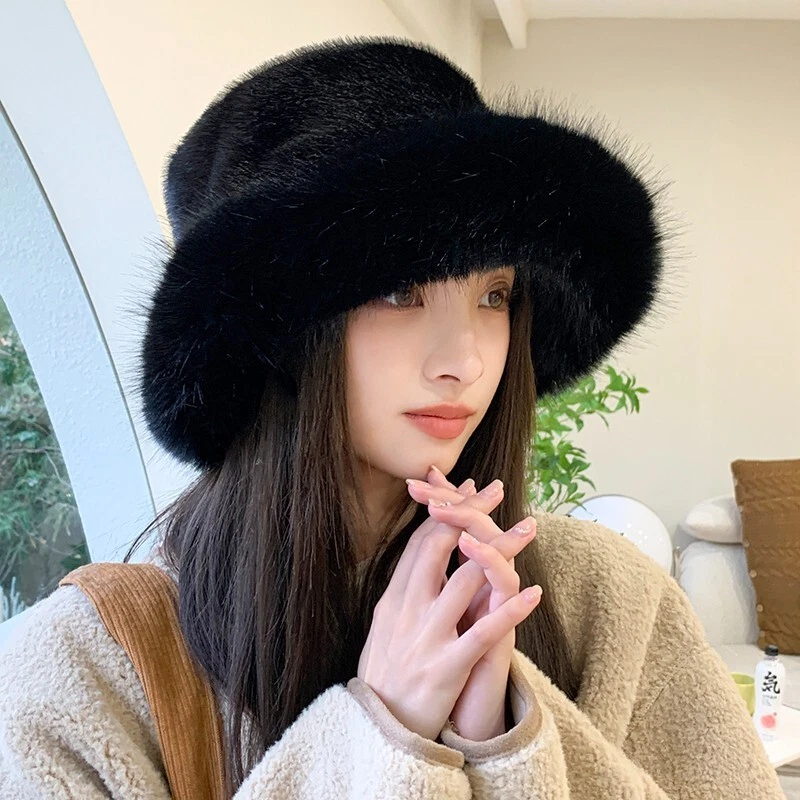 Plush Fluffy Bucket Hat Women Warm Winter Faux Fur Cozy Wide Brim