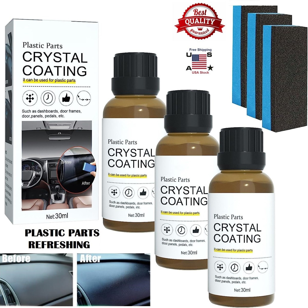 Plastic Trim Restorer & Crystal Coating Kit For Cars | 30ml Bottle With Sponge, 3-Piece Set 8 thumbnail image