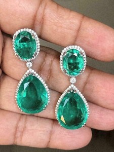 Authentic Pear Cut Green Emerald & Diamond Drop Dangle Earrings In 14K White Gold Plated
