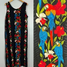 Paradise Found Hawaiian Maxi Dress Size XL Black Colorful Macaw Parrot Print