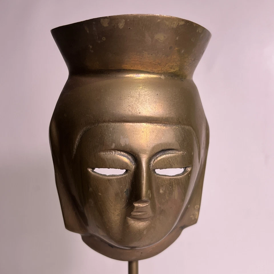 Máscara facial vintage asiática masculina cabeça de bronze com base de mármore 12” de altura - Imagem 2 de 4
