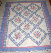 Handmade machine ivory pink blue patchwork coverlet vintage look Quilt 50x62