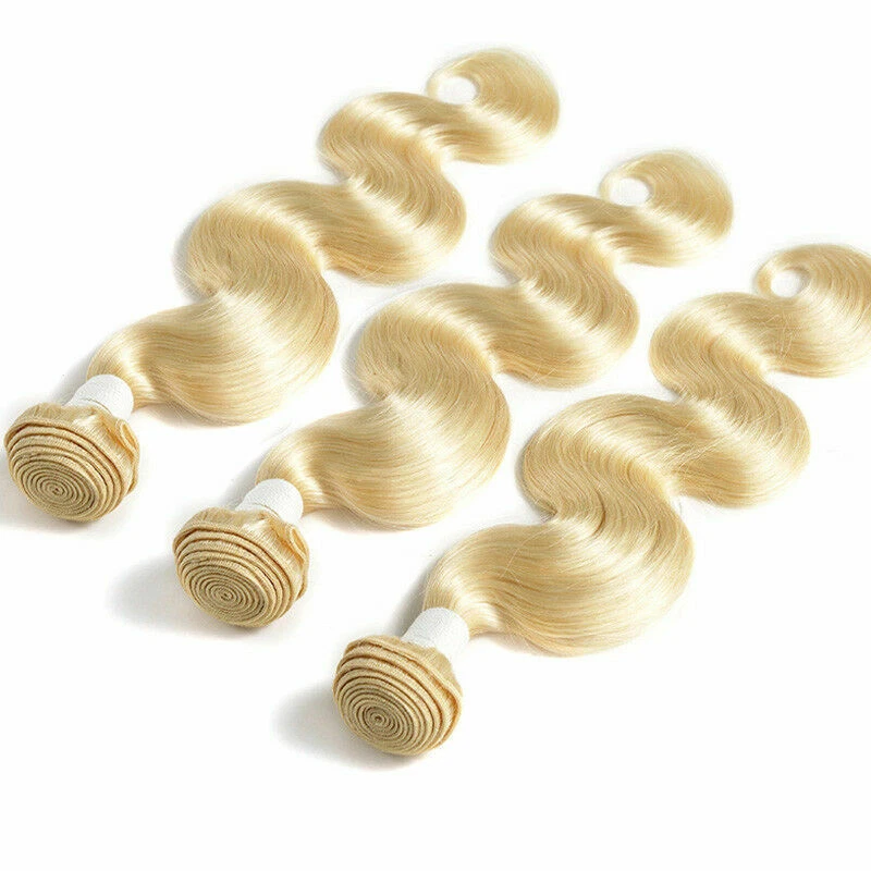 Paquete de 3 extensiones de cabello humano real Remy virgen onda recta trama rubia #613 Foto 4 de 4