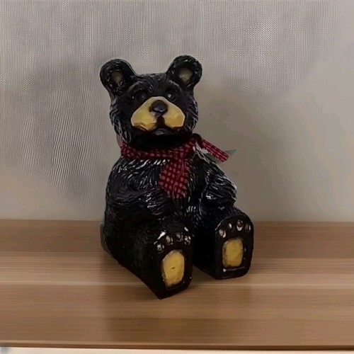 Sitting BLACK Bear Figurine Red Black Tartan Plaid Scarf 10" - Picture 3 of 10