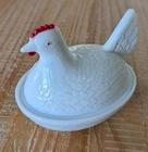Vintage Indiana Glass White Milk Glass Hen On Nest Red Comb and Beak  4.5 inches