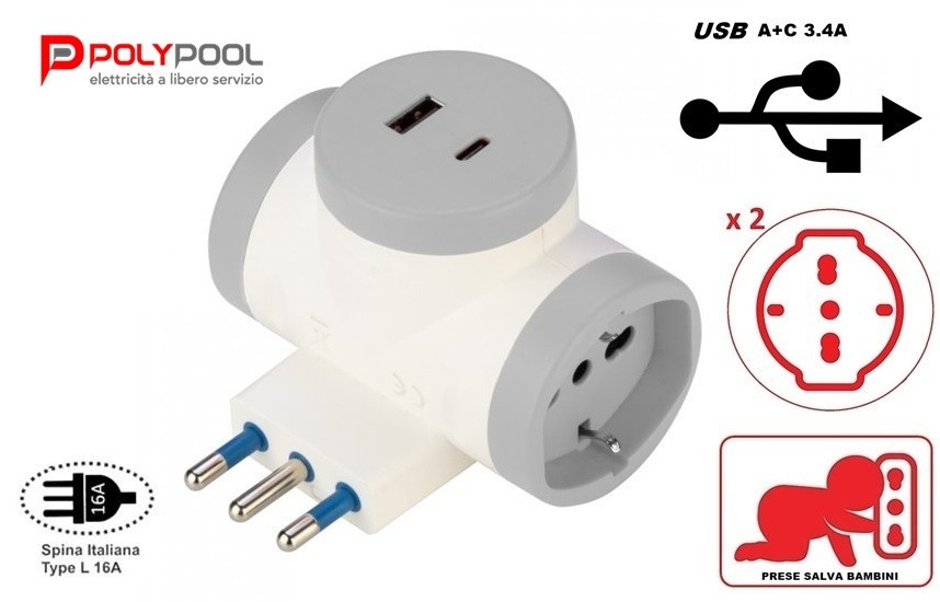TRIPLA MULTIPRESA SPINA 16A - 2 PRESE POLIVALENTI SCHUKO E ITALIANE + USB A+C