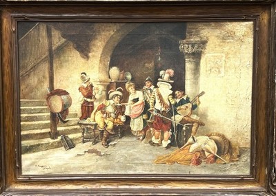 Pasquale Ruggiero (Italian), 19th C Orig. Realistic Genre ''Tavern Scene'', Signed